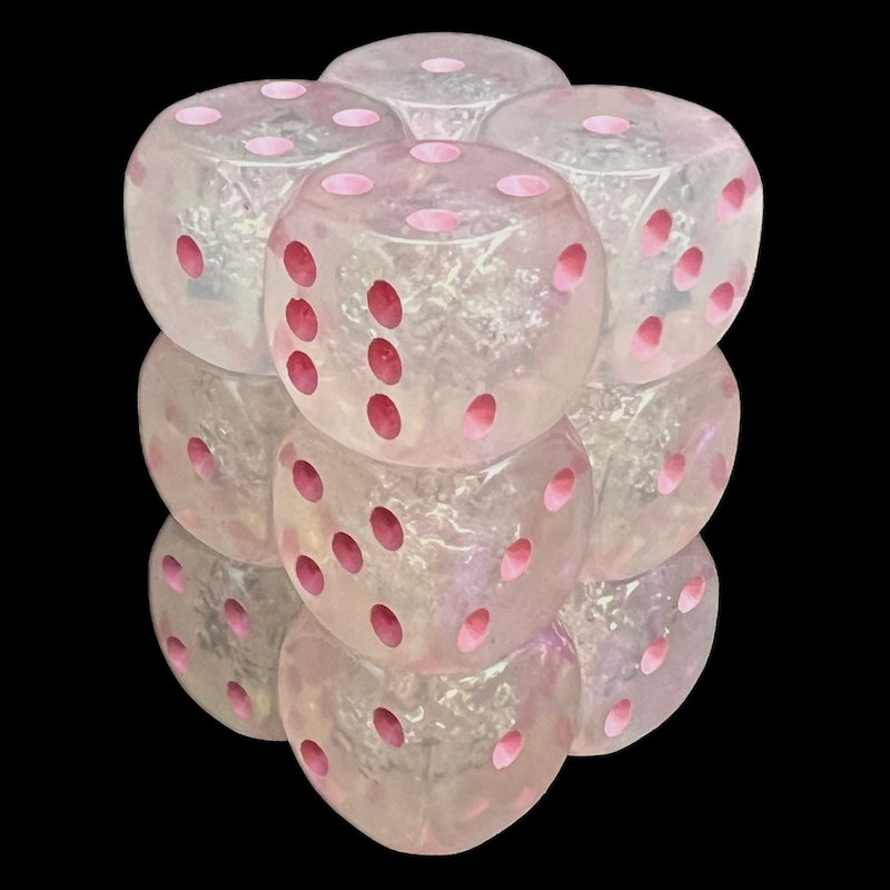 UK Made Dice Translucent Frost Bubble with Pink 12 x D6 Dice Set