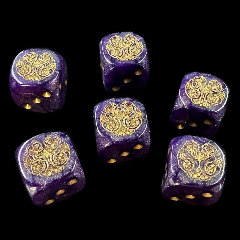 UK Made DRAGONMEET Iridescent Pearl Purple & Gold 6 x D6 Dice Set