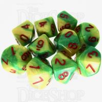 TDSO Duel Green & Yellow With Red 10 x D10 Dice Set - Discontinued