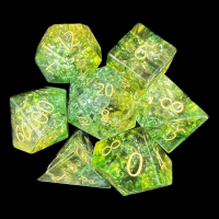 TDSO Fused Glass EARTH Green &amp; Yellow with Gold 7 Dice Polyset in Padded Case