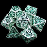 TDSO Metal Hollow Dragon Cage Silver &amp; Green 7 Dice Polyset