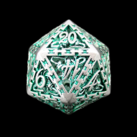 TDSO Metal Hollow Dragon Cage Silver & Green D20 Dice
