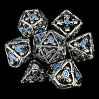 TDSO Metal Hollow Skull Silver & Blue 7 Dice Polyset