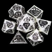 TDSO Metal Silver Dragon With Black 7 Dice Polyset in Tin