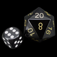 TDSO Obsidian Black with Engraved Gold Numbers JUMBO 30mm Precious Gem D20 Dice